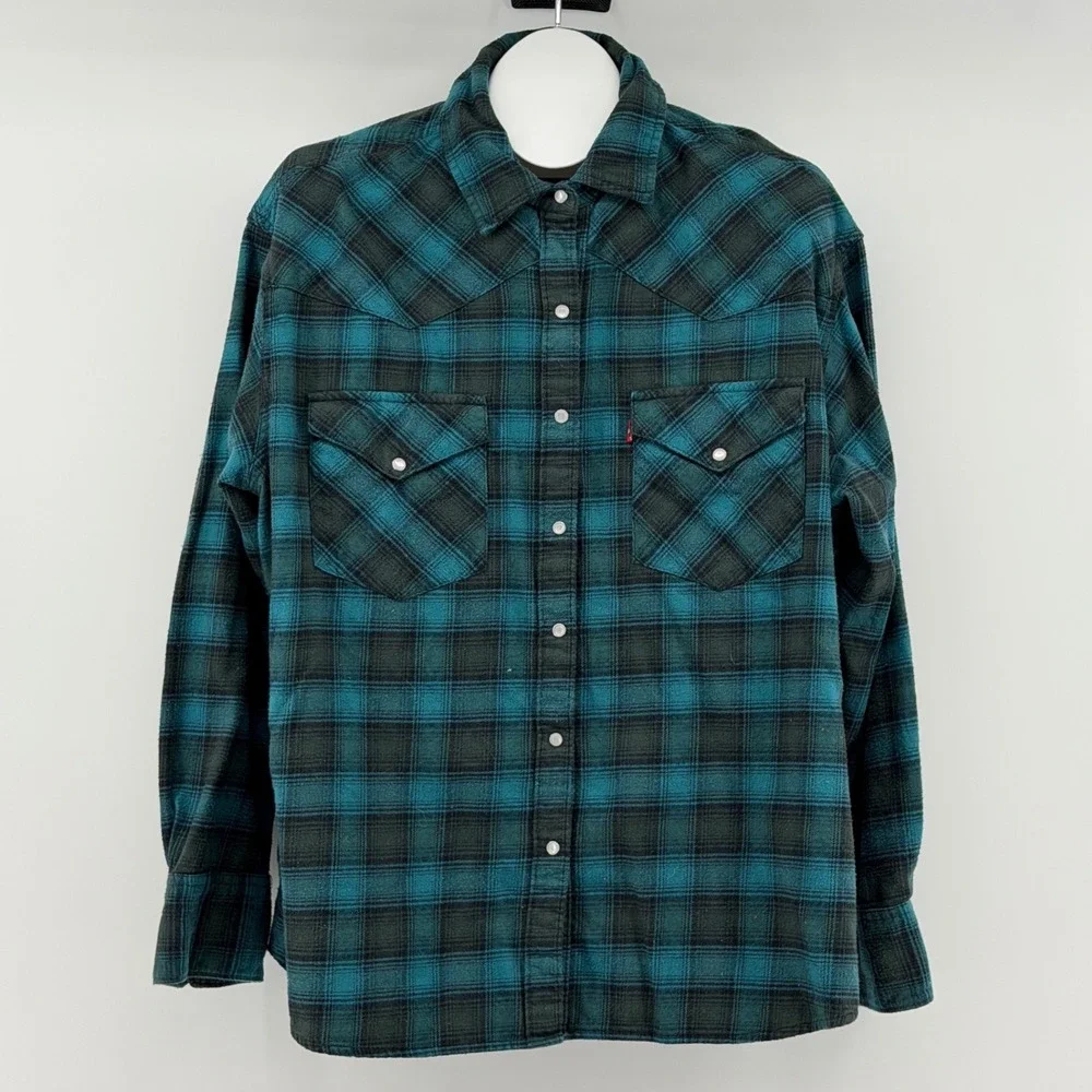 Levi's Western Flannel Shirt Mens XL Plaid Pearl Snap Long Sleeve Rodeo Ranch